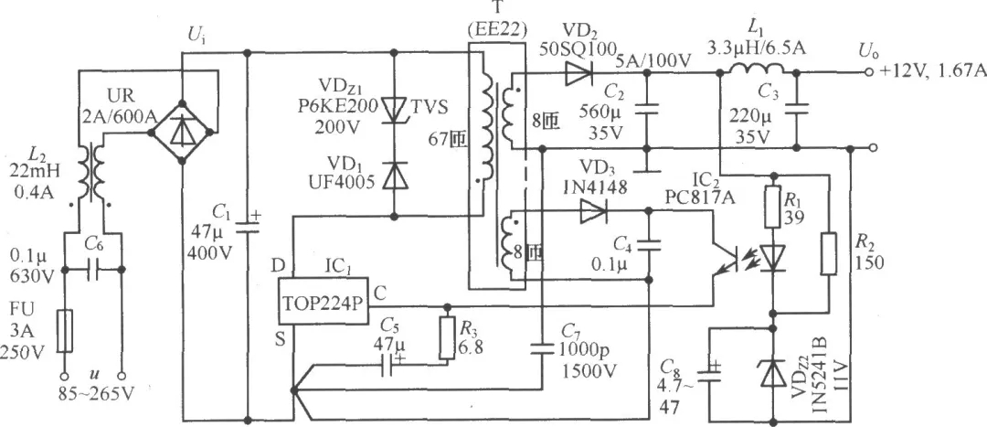 TOP224P構(gòu)成的12V、20W開關(guān)直流穩(wěn)壓電源電路